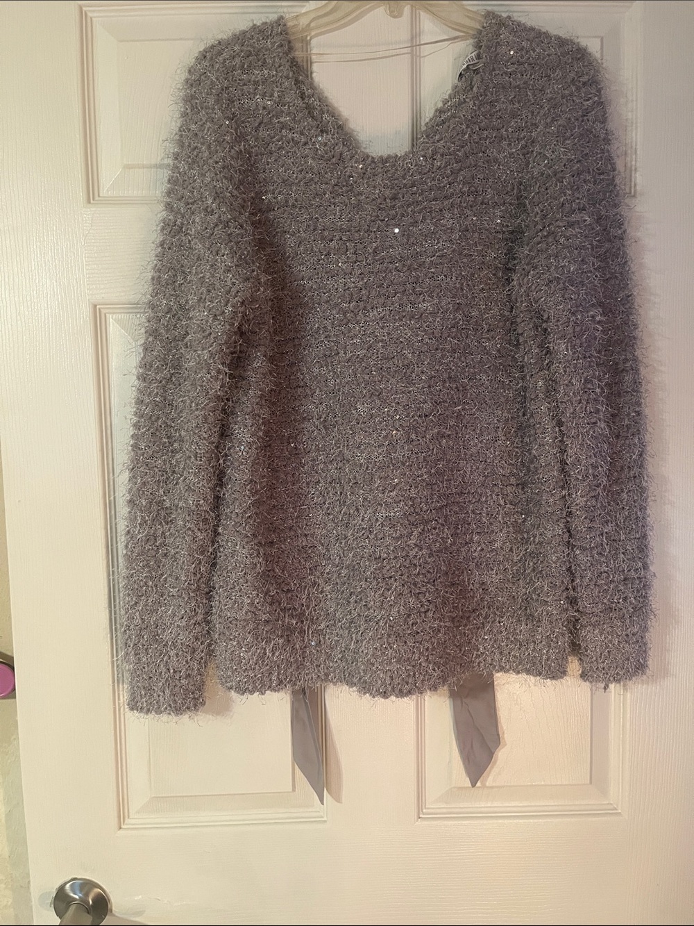 Jennifer Lopez Silver Gray Shaggy V-Neck Sweater